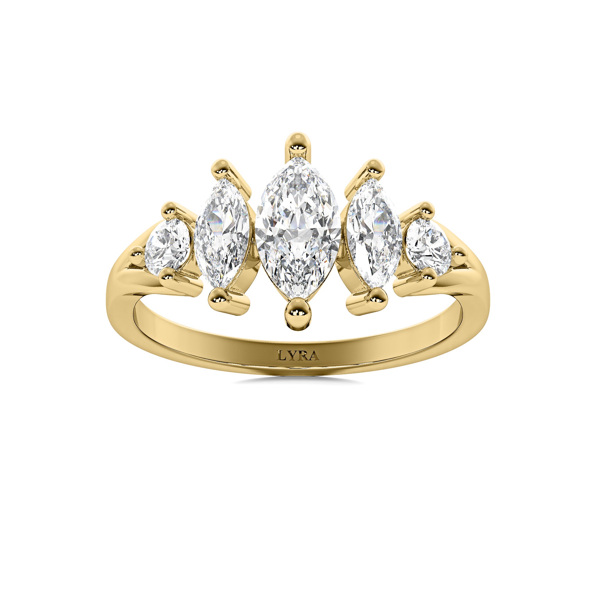 Marquise Crown ring with round and marquise lab diamonds in solid 14k gold