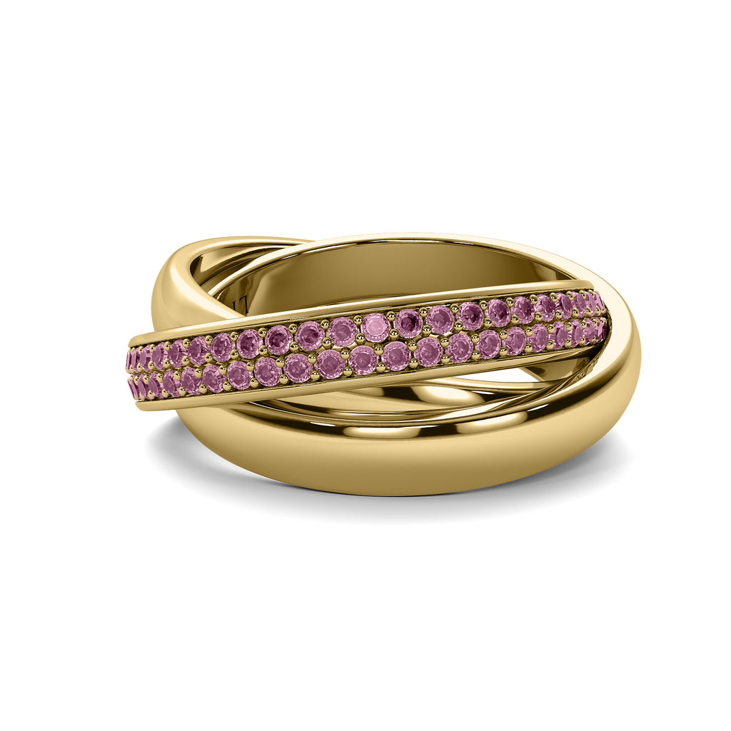 Threefold interlocking natural pink sapphire ring in solid 14k gold
